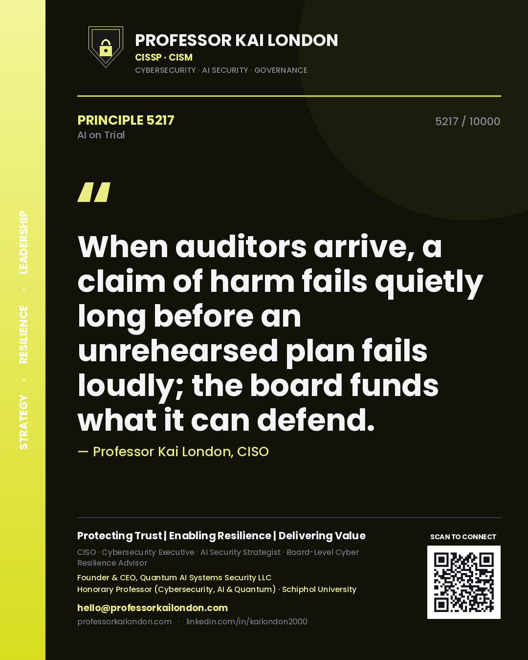 Professor Kai London principle 5217: When auditors arrive, a claim of harm fails quietly long before an unrehearsed plan fails loudly; the board funds what it can defend.