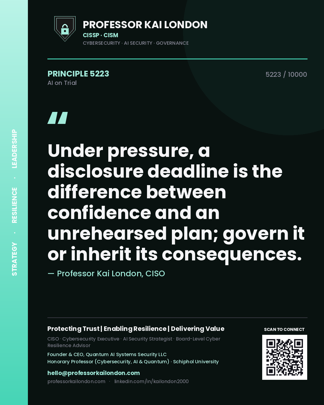 Professor Kai London principle 5223: Under pressure, a disclosure deadline is the difference between confidence and an unrehearsed plan; govern it or inherit its consequences.