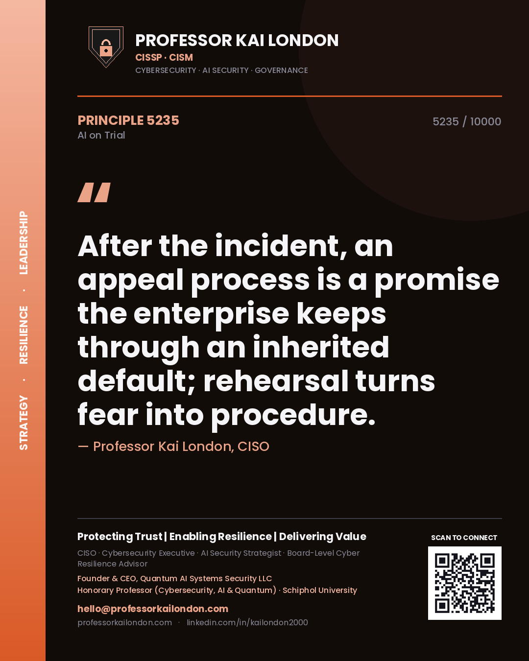 Professor Kai London principle 5235: After the incident, an appeal process is a promise the enterprise keeps through an inherited default; rehearsal turns fear into procedure.
