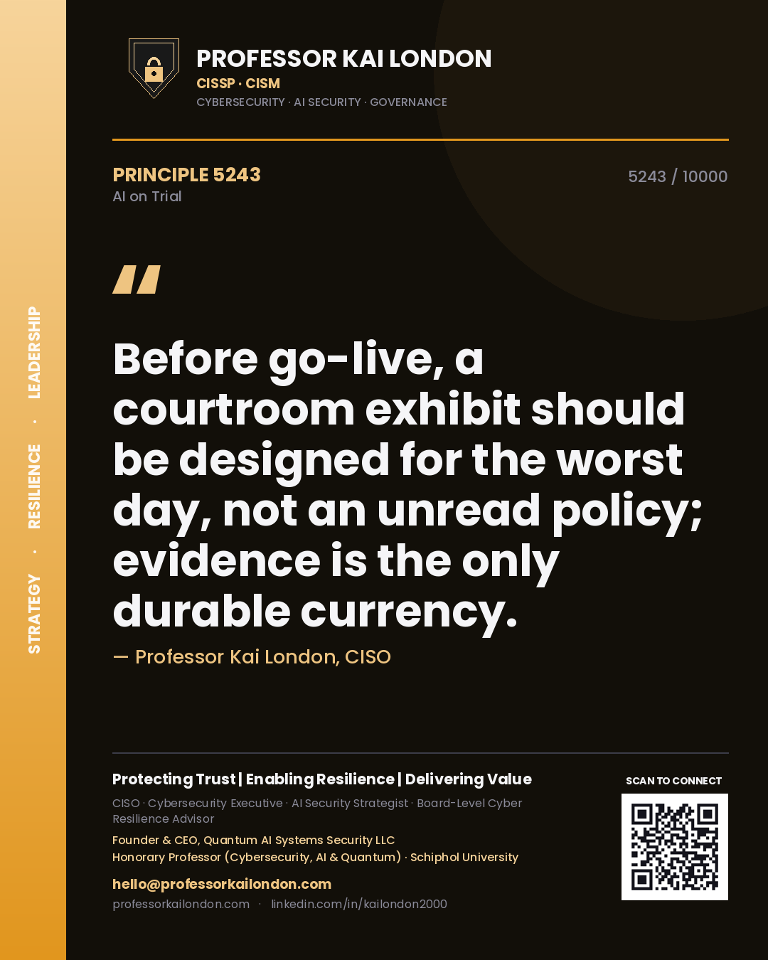 Quote card by Professor Kai London reading 'Before go-live, a courtroom exhibit should be designed for the worst day, not an unread policy; evidence is the only durable currency.'. From the book AI on Trial.
