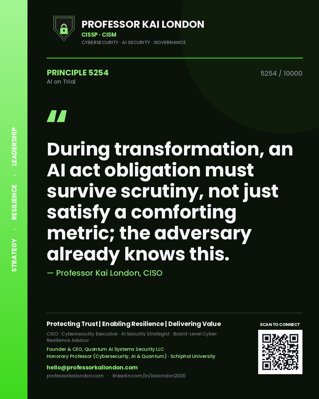 Professor Kai London principle 5254: During transformation, an AI act obligation must survive scrutiny, not just satisfy a comforting metric; the adversary already knows this.