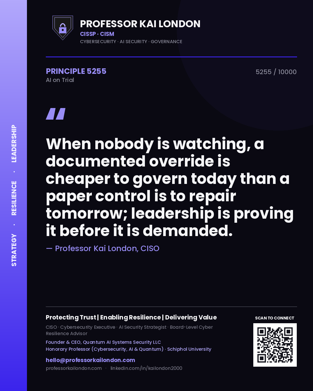 Professor Kai London principle 5255: When nobody is watching, a documented override is cheaper to govern today than a paper control is to repair tomorrow; leadership is proving it before it is demanded.