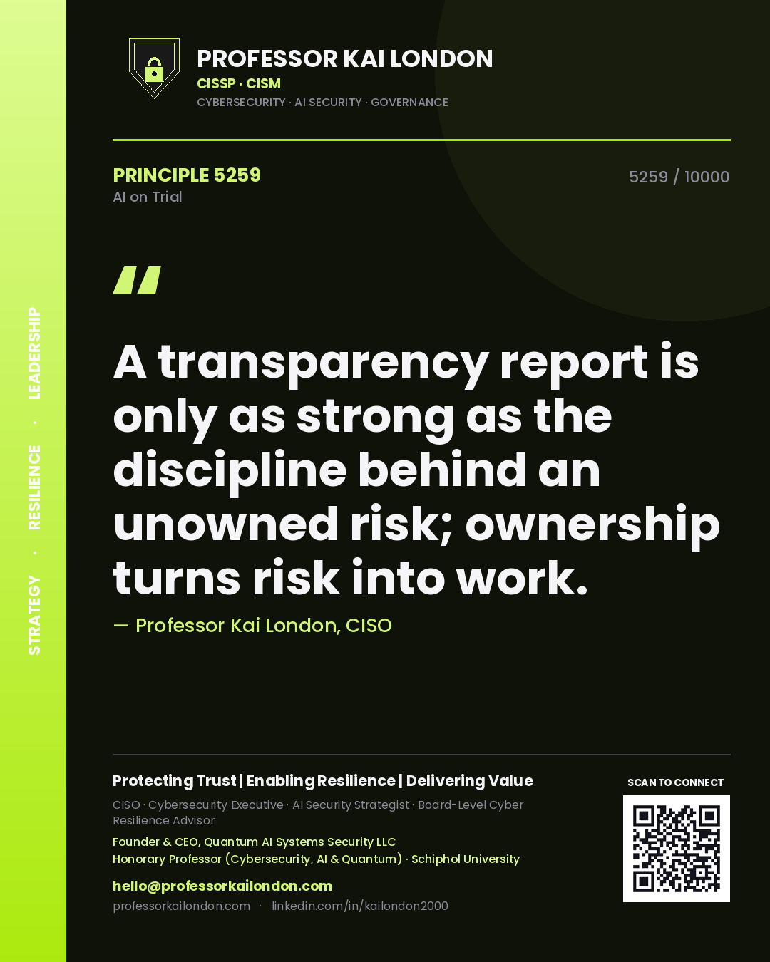 Professor Kai London principle 5259: A transparency report is only as strong as the discipline behind an unowned risk; ownership turns risk into work.