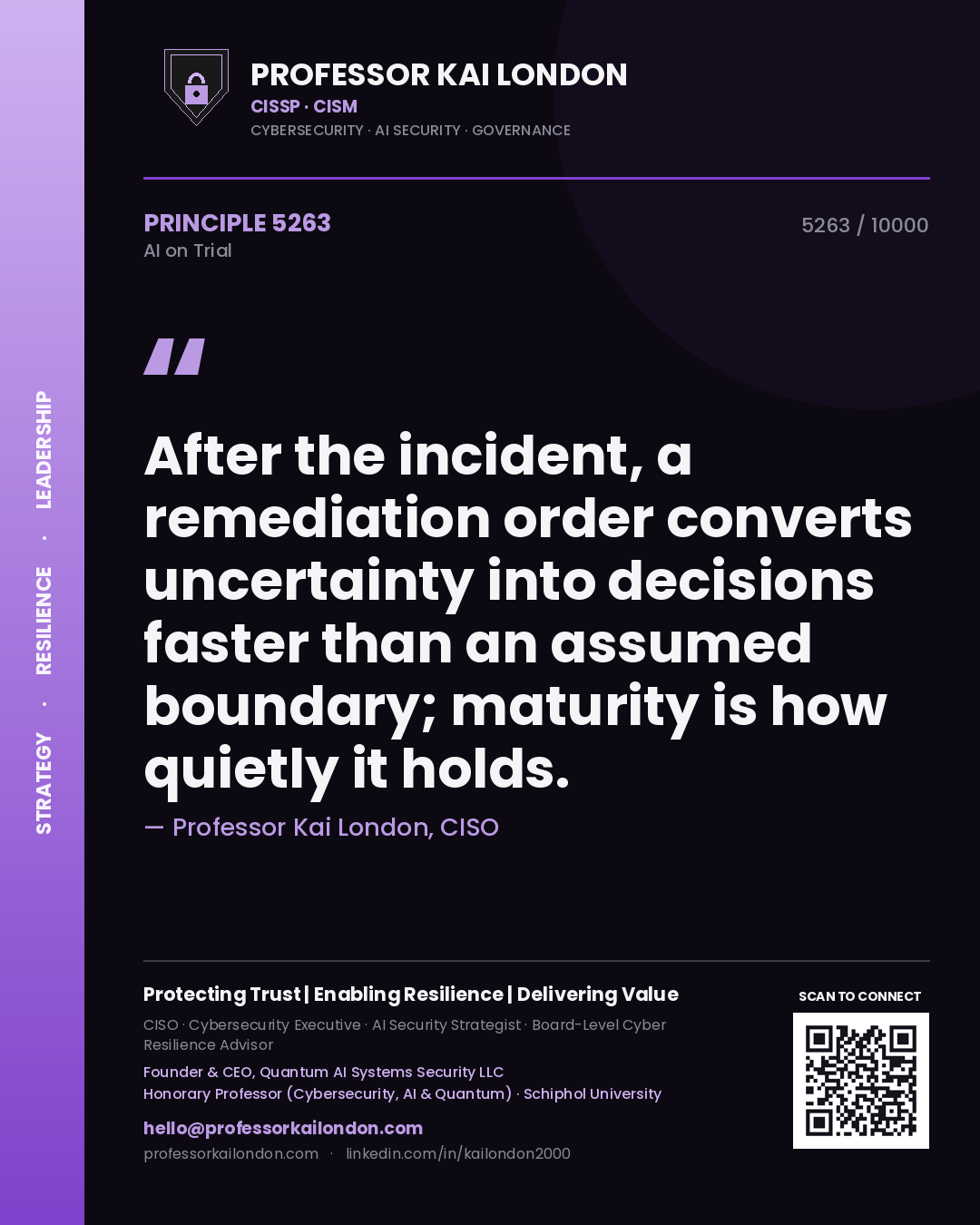 Quote card by Professor Kai London reading 'After the incident, a remediation order converts uncertainty into decisions faster than an assumed boundary; maturity is how quietly it holds.'. From the book AI on Trial.