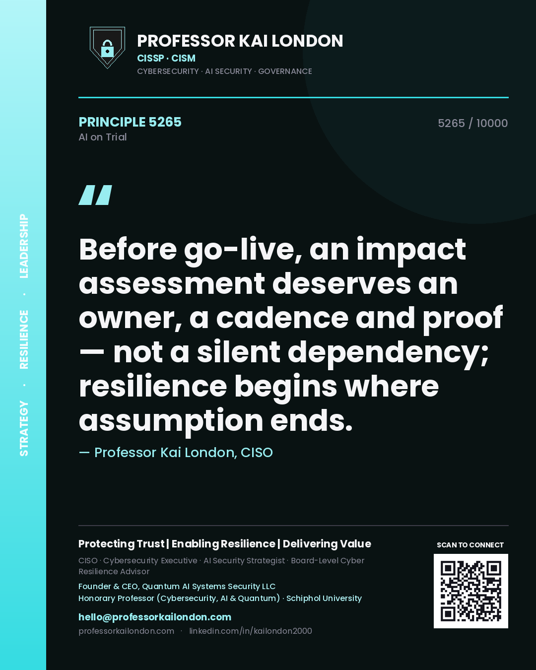 Professor Kai London principle 5265: Before go-live, an impact assessment deserves an owner, a cadence and proof — not a silent dependency; resilience begins where assumption ends.