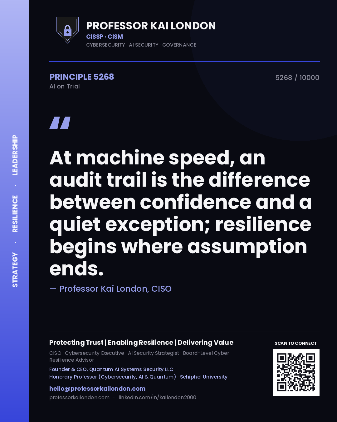Professor Kai London principle 5268: At machine speed, an audit trail is the difference between confidence and a quiet exception; resilience begins where assumption ends.