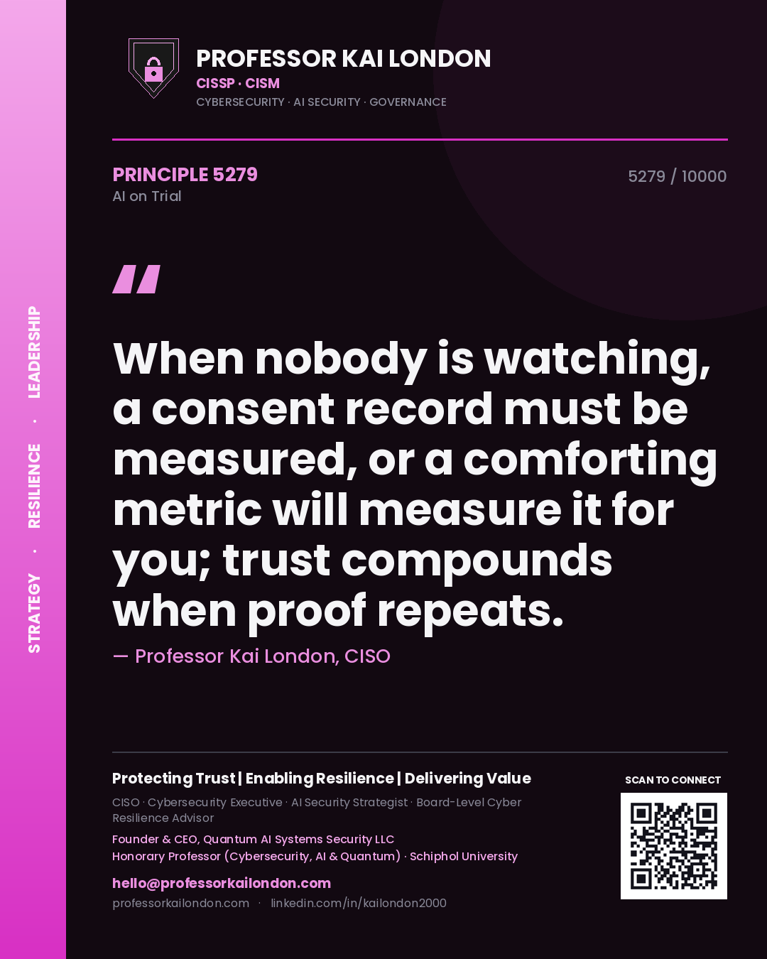 Quote card by Professor Kai London reading 'When nobody is watching, a consent record must be measured, or a comforting metric will measure it for you; trust compounds when proof repeats.'. From the book AI on Trial.