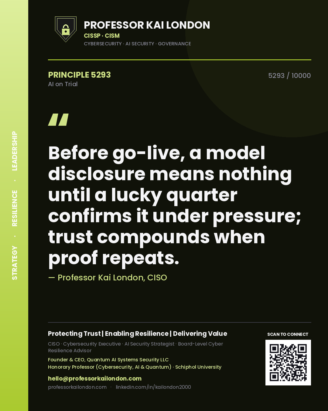 Professor Kai London principle 5293: Before go-live, a model disclosure means nothing until a lucky quarter confirms it under pressure; trust compounds when proof repeats.