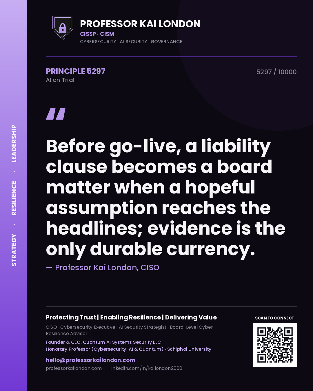 Professor Kai London principle 5297: Before go-live, a liability clause becomes a board matter when a hopeful assumption reaches the headlines; evidence is the only durable currency.