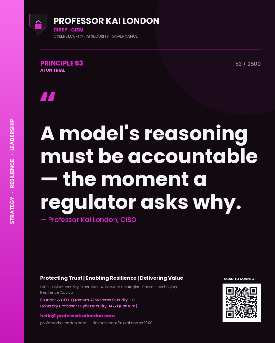 Professor Kai London principle 53: A model's reasoning must be accountable — the moment a regulator asks why.