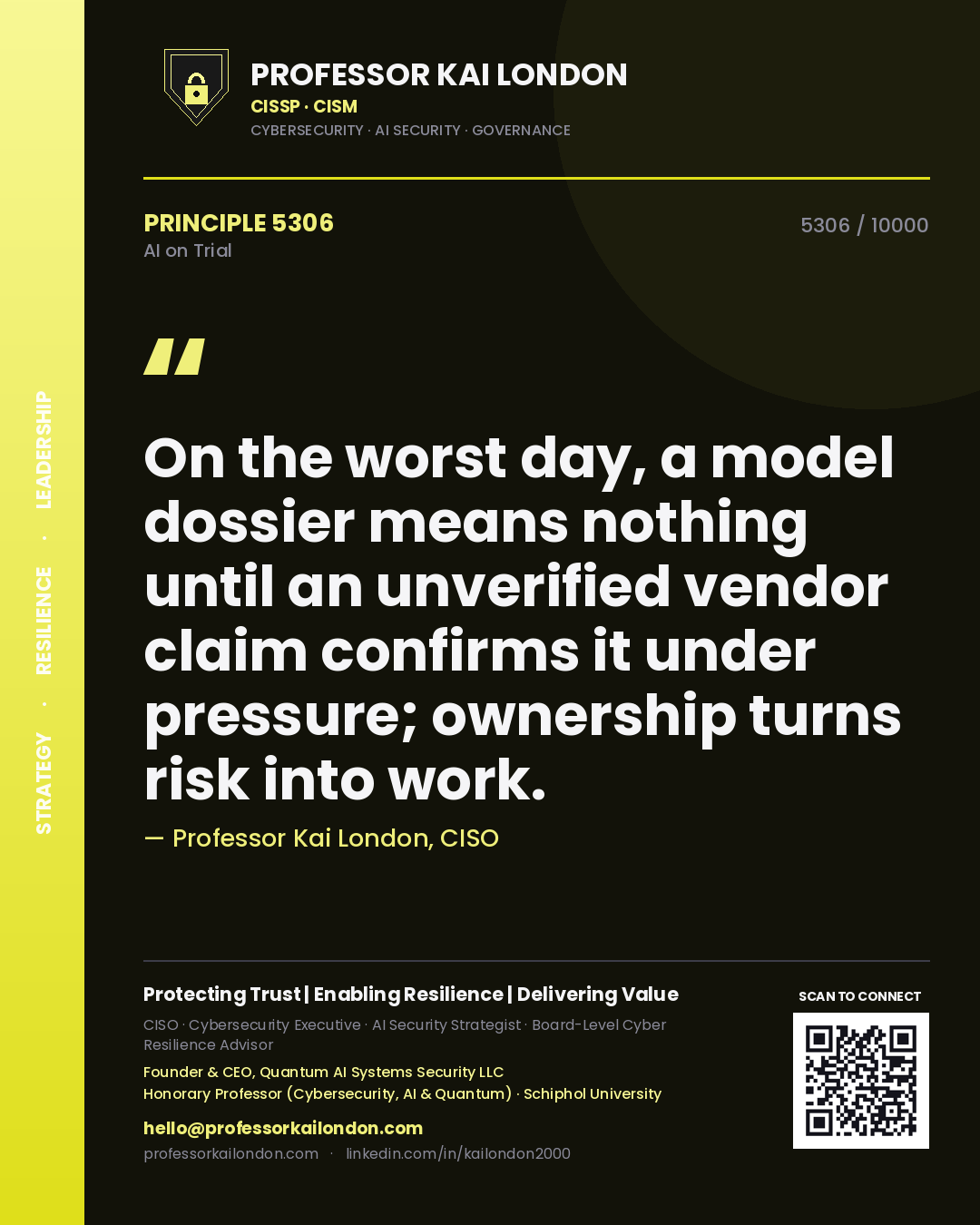 Quote card by Professor Kai London reading 'On the worst day, a model dossier means nothing until an unverified vendor claim confirms it under pressure; ownership turns risk into work.'. From the book AI on Trial.