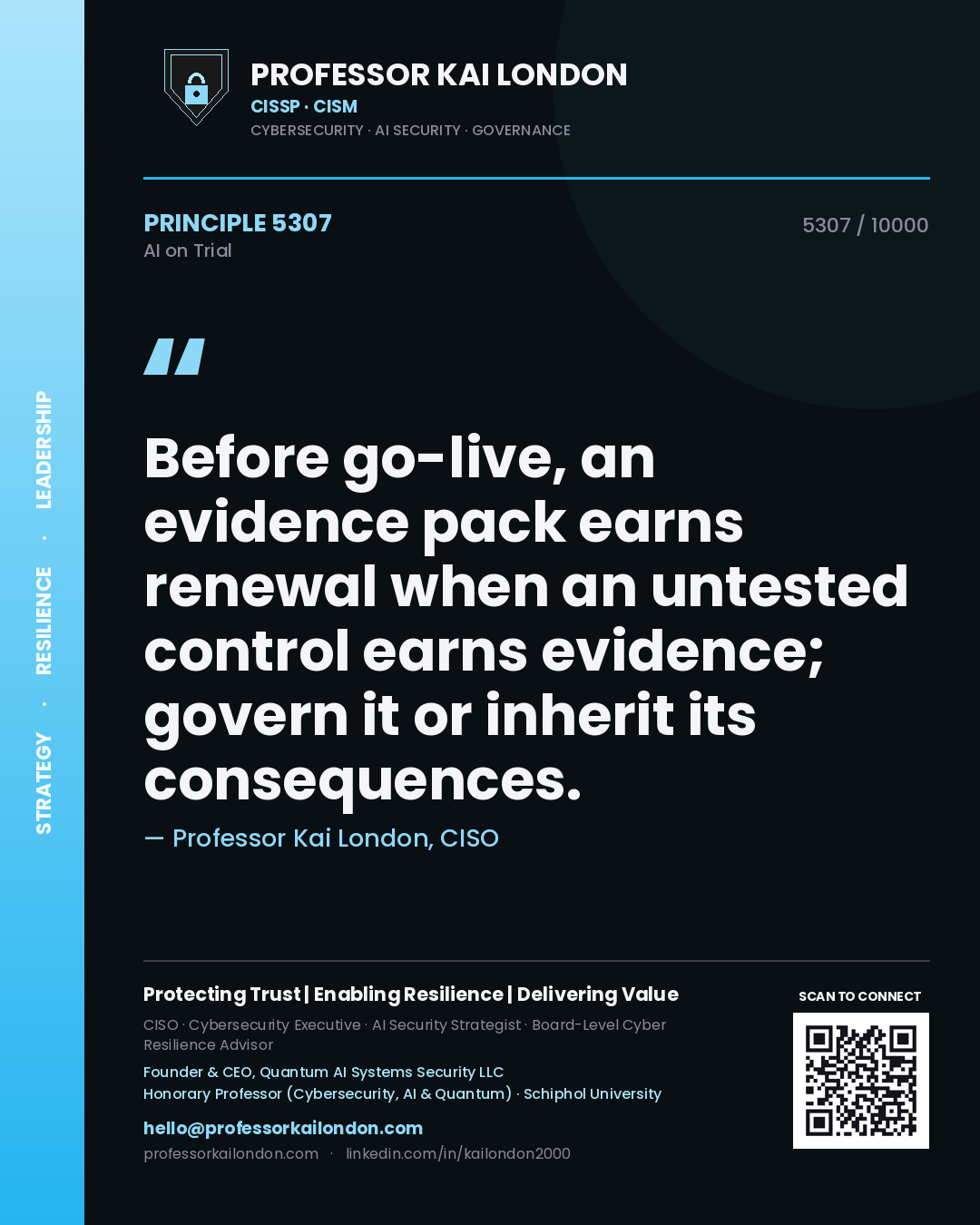 Quote card by Professor Kai London reading 'Before go-live, an evidence pack earns renewal when an untested control earns evidence; govern it or inherit its consequences.'. From the book AI on Trial.