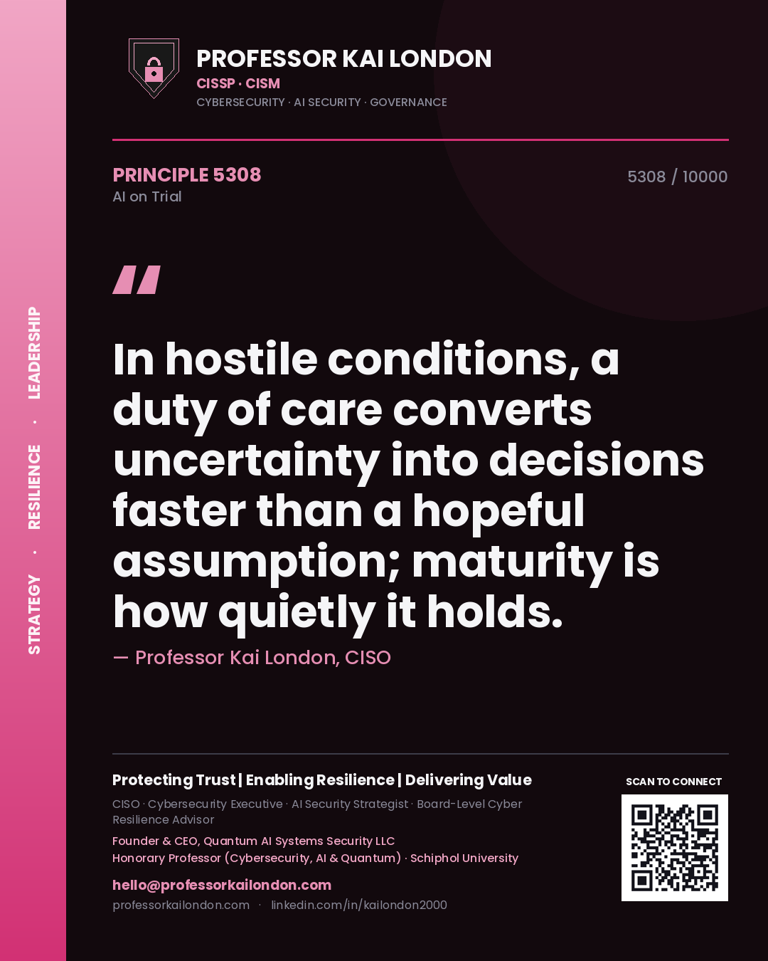 Professor Kai London principle 5308: In hostile conditions, a duty of care converts uncertainty into decisions faster than a hopeful assumption; maturity is how quietly it holds.