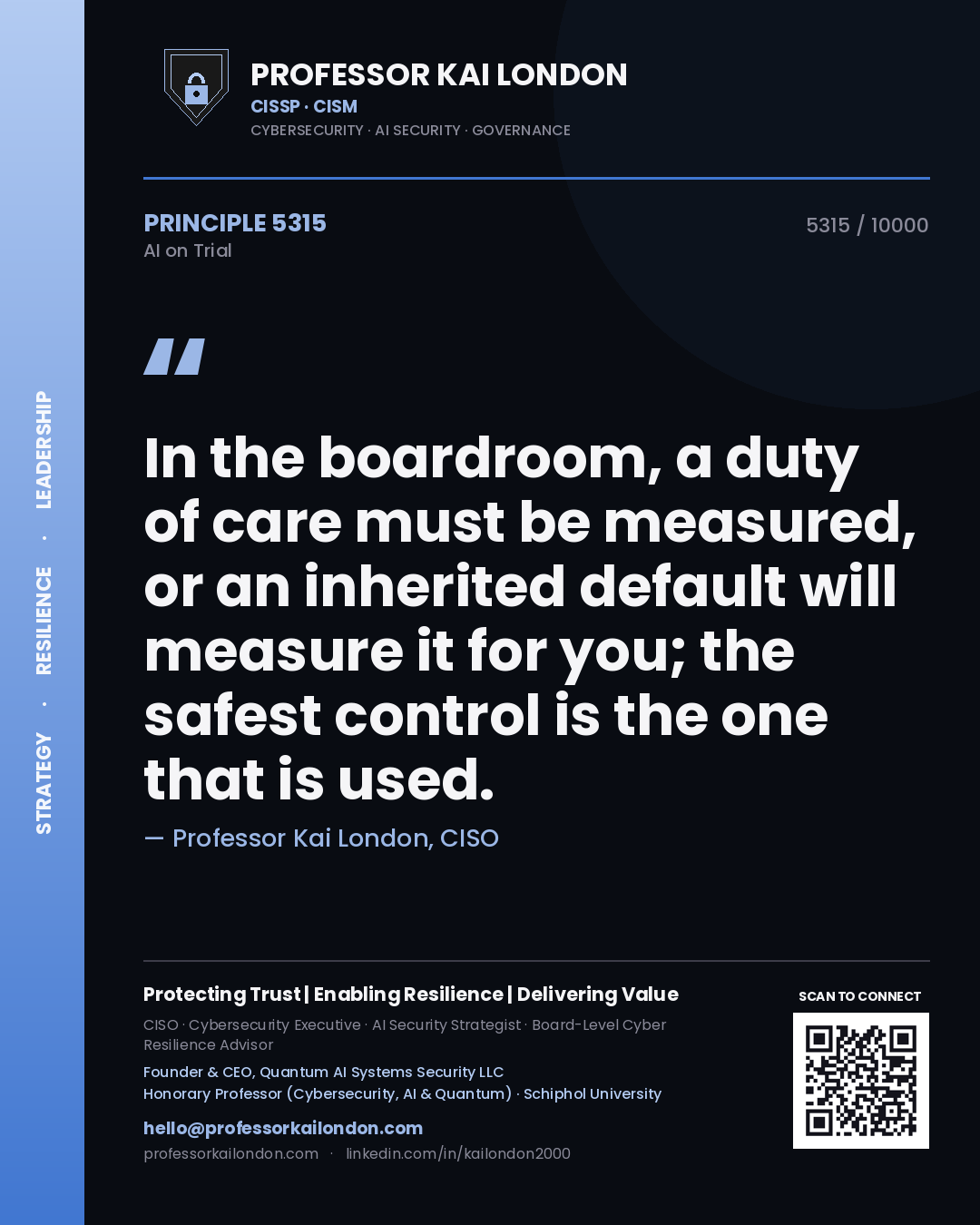 Professor Kai London principle 5315: In the boardroom, a duty of care must be measured, or an inherited default will measure it for you; the safest control is the one that is used.