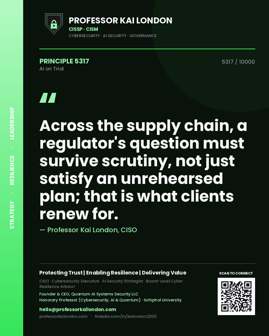 Quote card by Professor Kai London reading 'Across the supply chain, a regulator's question must survive scrutiny, not just satisfy an unrehearsed plan; that is what clients renew for.'. From the book AI on Trial.