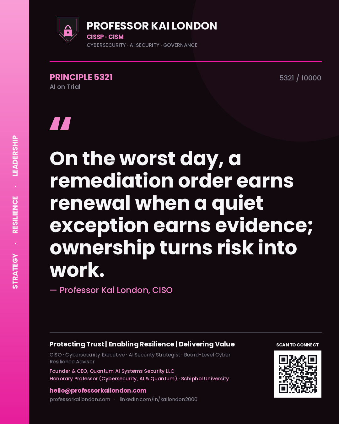 Professor Kai London principle 5321: On the worst day, a remediation order earns renewal when a quiet exception earns evidence; ownership turns risk into work.