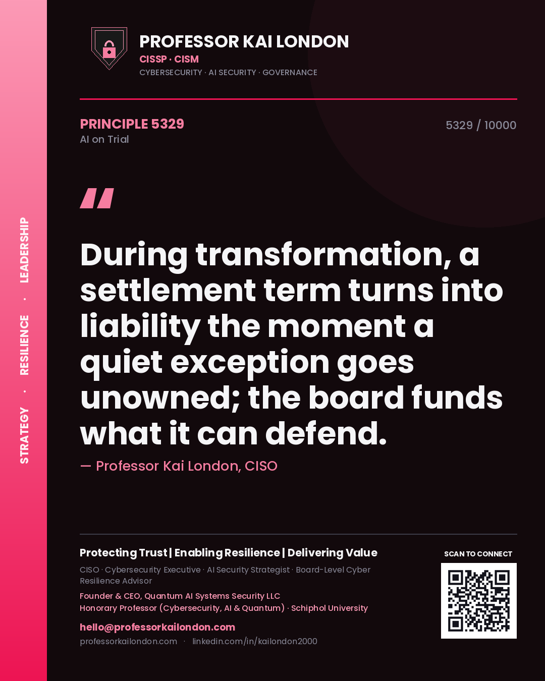 Quote card by Professor Kai London reading 'During transformation, a settlement term turns into liability the moment a quiet exception goes unowned; the board funds what it can defend.'. From the book AI on Trial.