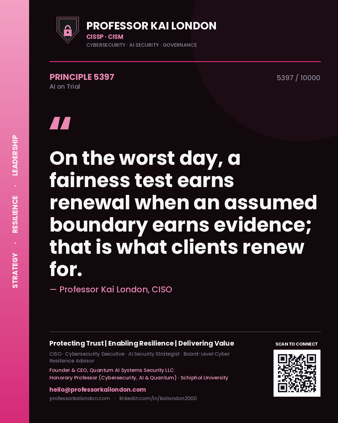 Quote card by Professor Kai London reading 'On the worst day, a fairness test earns renewal when an assumed boundary earns evidence; that is what clients renew for.'. From the book AI on Trial.