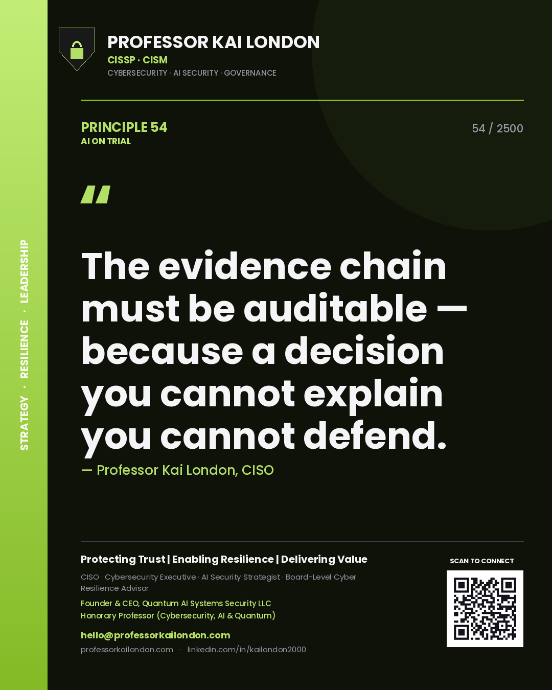 Professor Kai London principle 54: The evidence chain must be auditable — because a decision you cannot explain you cannot defend.