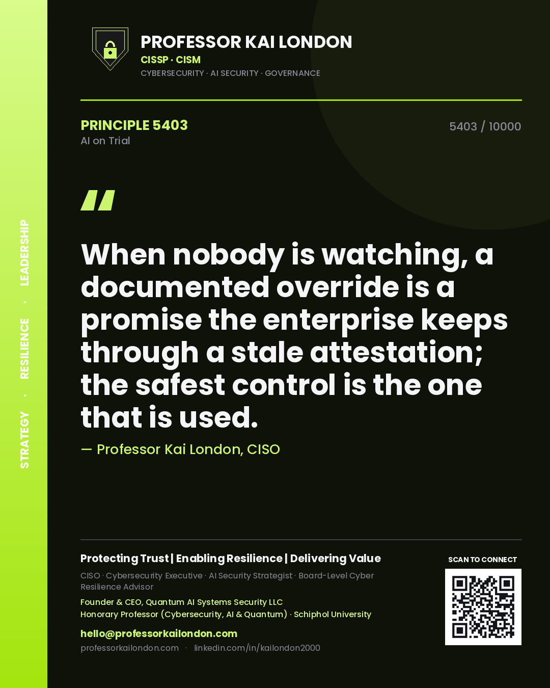 Quote card by Professor Kai London reading 'When nobody is watching, a documented override is a promise the enterprise keeps through a stale attestation; the safest control is the one that is used.'. From the book AI on Trial.