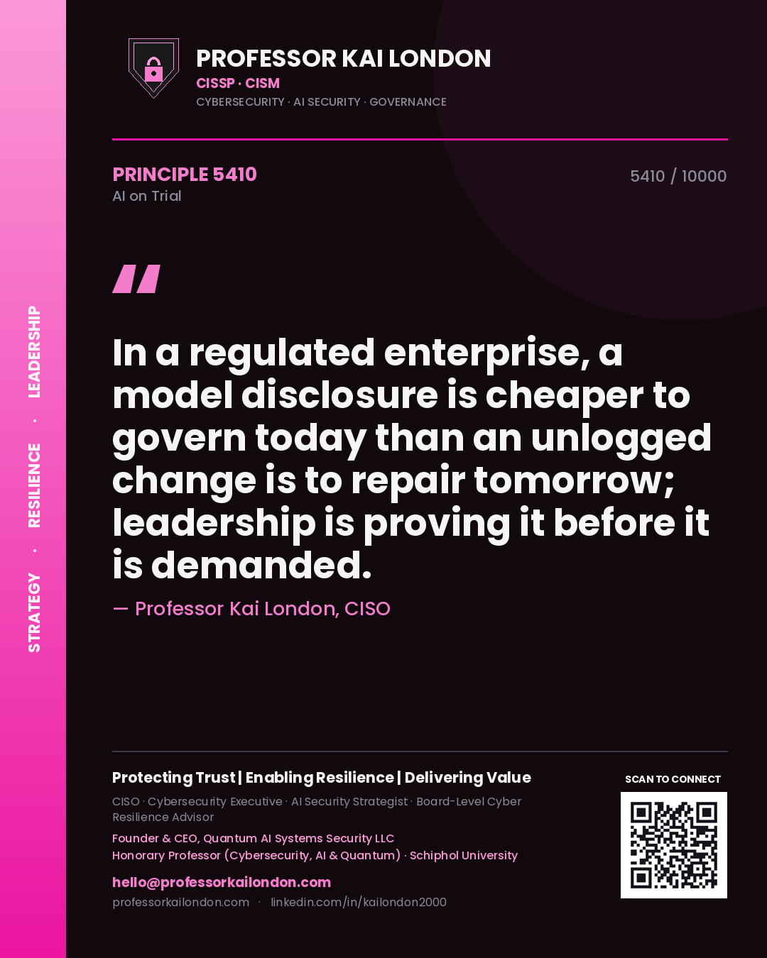 Professor Kai London principle 5410: In a regulated enterprise, a model disclosure is cheaper to govern today than an unlogged change is to repair tomorrow; leadership is proving it before it is demanded.