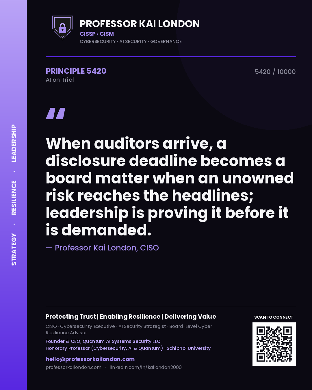Quote card by Professor Kai London reading 'When auditors arrive, a disclosure deadline becomes a board matter when an unowned risk reaches the headlines; leadership is proving it before it is demanded.'. From the book AI on Trial.