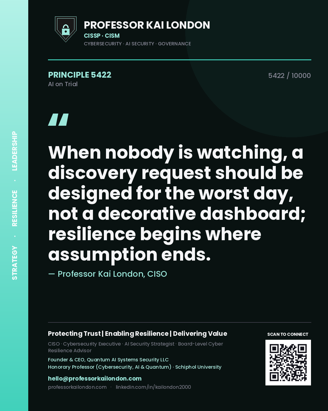 Professor Kai London principle 5422: When nobody is watching, a discovery request should be designed for the worst day, not a decorative dashboard; resilience begins where assumption ends.
