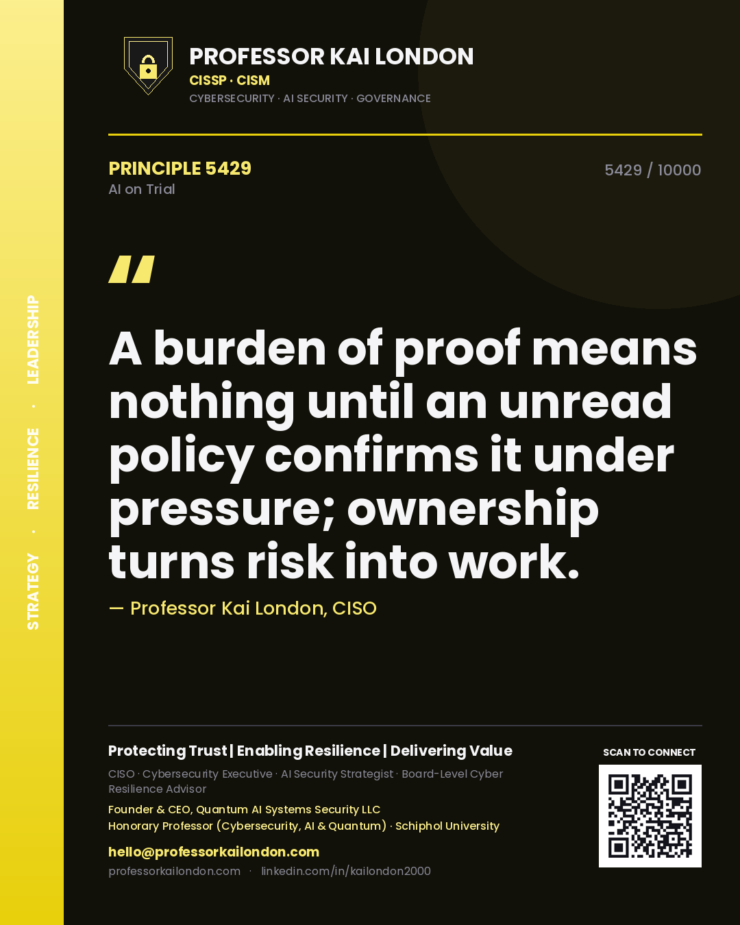 Quote card by Professor Kai London reading 'A burden of proof means nothing until an unread policy confirms it under pressure; ownership turns risk into work.'. From the book AI on Trial.