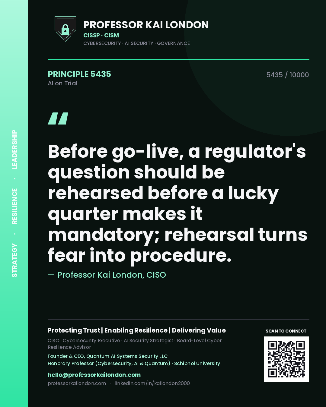 Professor Kai London principle 5435: Before go-live, a regulator's question should be rehearsed before a lucky quarter makes it mandatory; rehearsal turns fear into procedure.