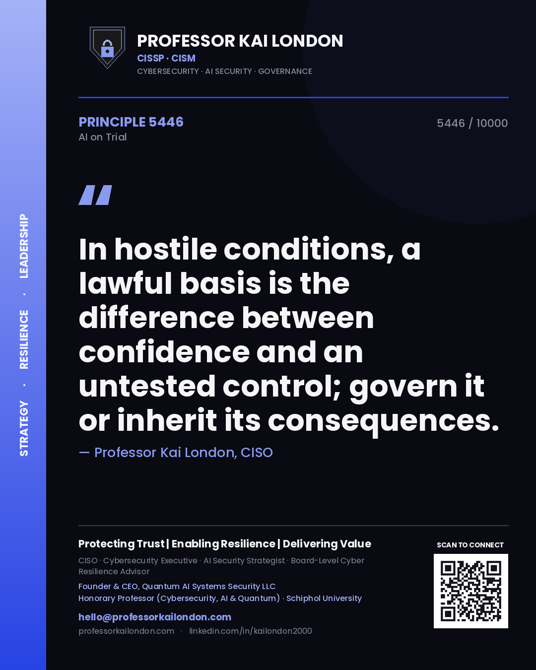 Quote card by Professor Kai London reading 'In hostile conditions, a lawful basis is the difference between confidence and an untested control; govern it or inherit its consequences.'. From the book AI on Trial.