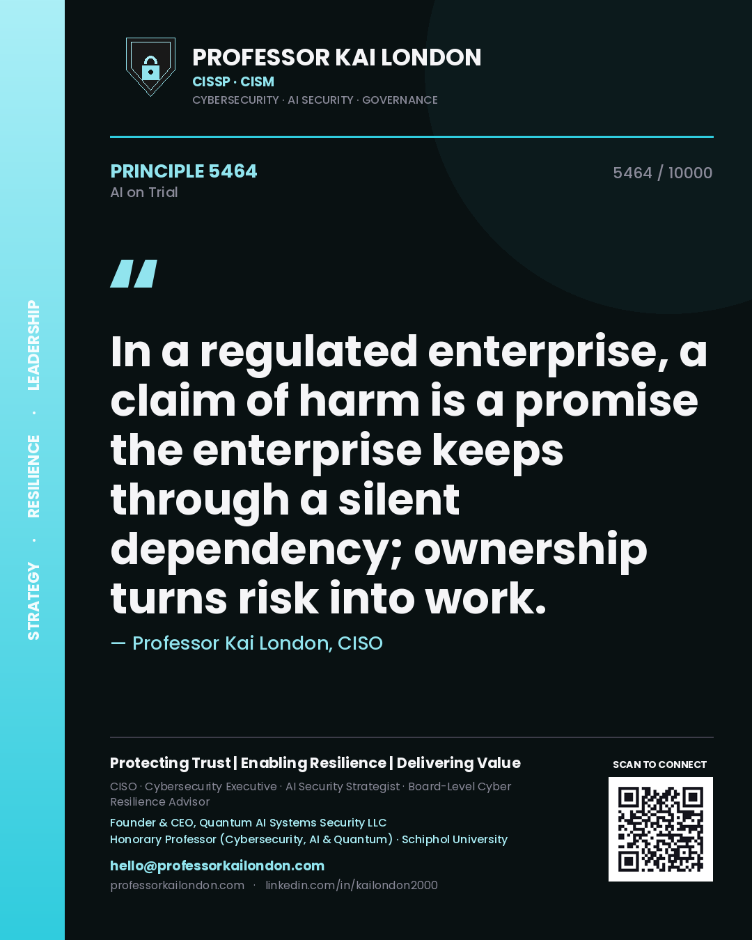 Professor Kai London principle 5464: In a regulated enterprise, a claim of harm is a promise the enterprise keeps through a silent dependency; ownership turns risk into work.