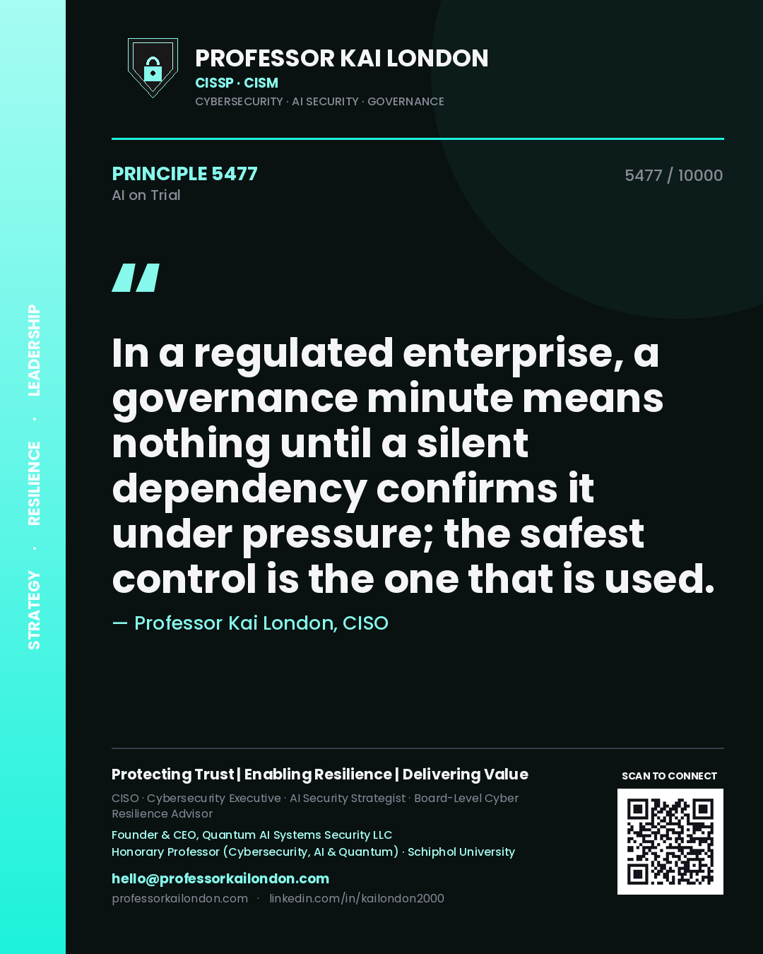Quote card by Professor Kai London reading 'In a regulated enterprise, a governance minute means nothing until a silent dependency confirms it under pressure; the safest control is the one that is used.'. From the book AI on Trial.