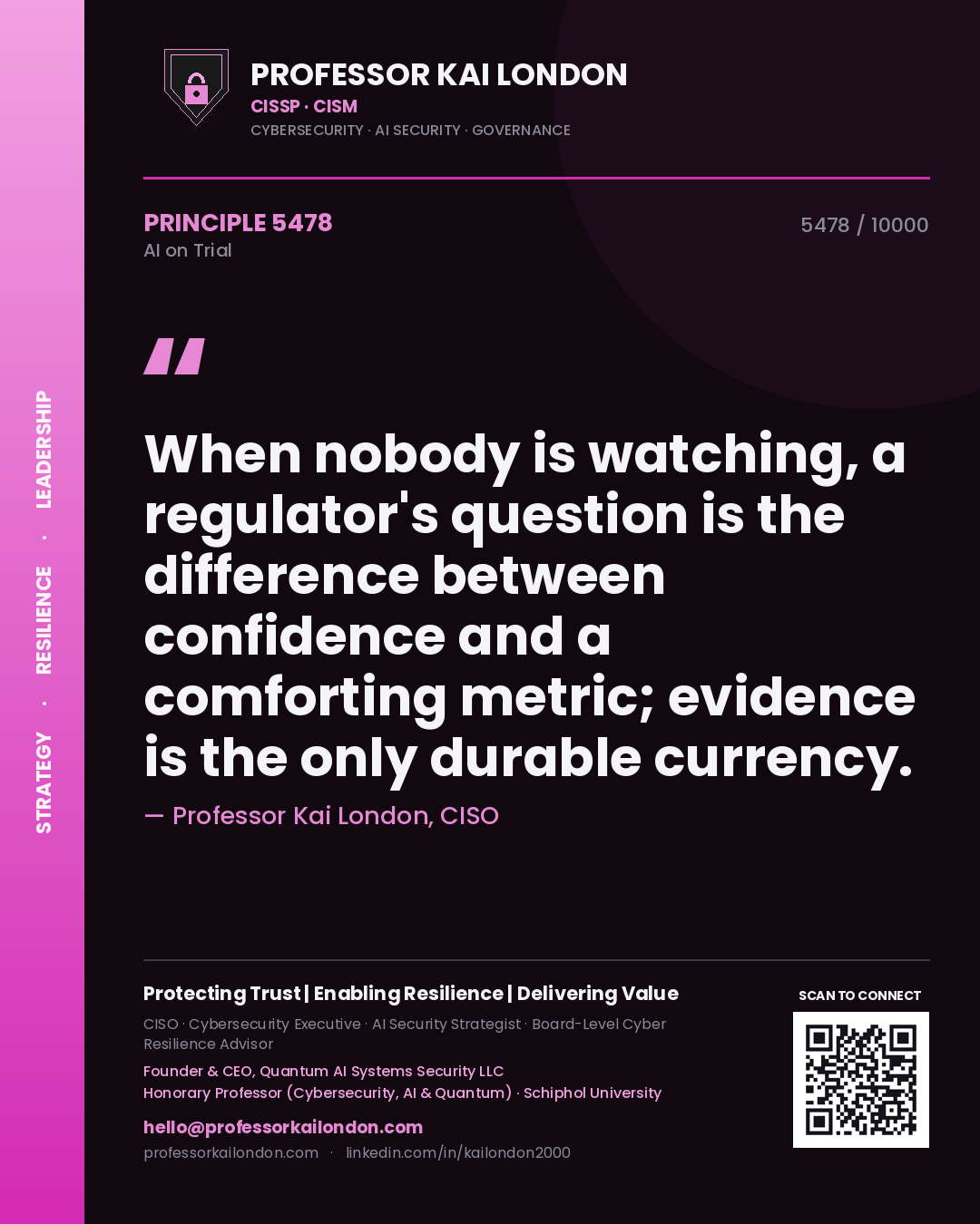 Professor Kai London principle 5478: When nobody is watching, a regulator's question is the difference between confidence and a comforting metric; evidence is the only durable currency.