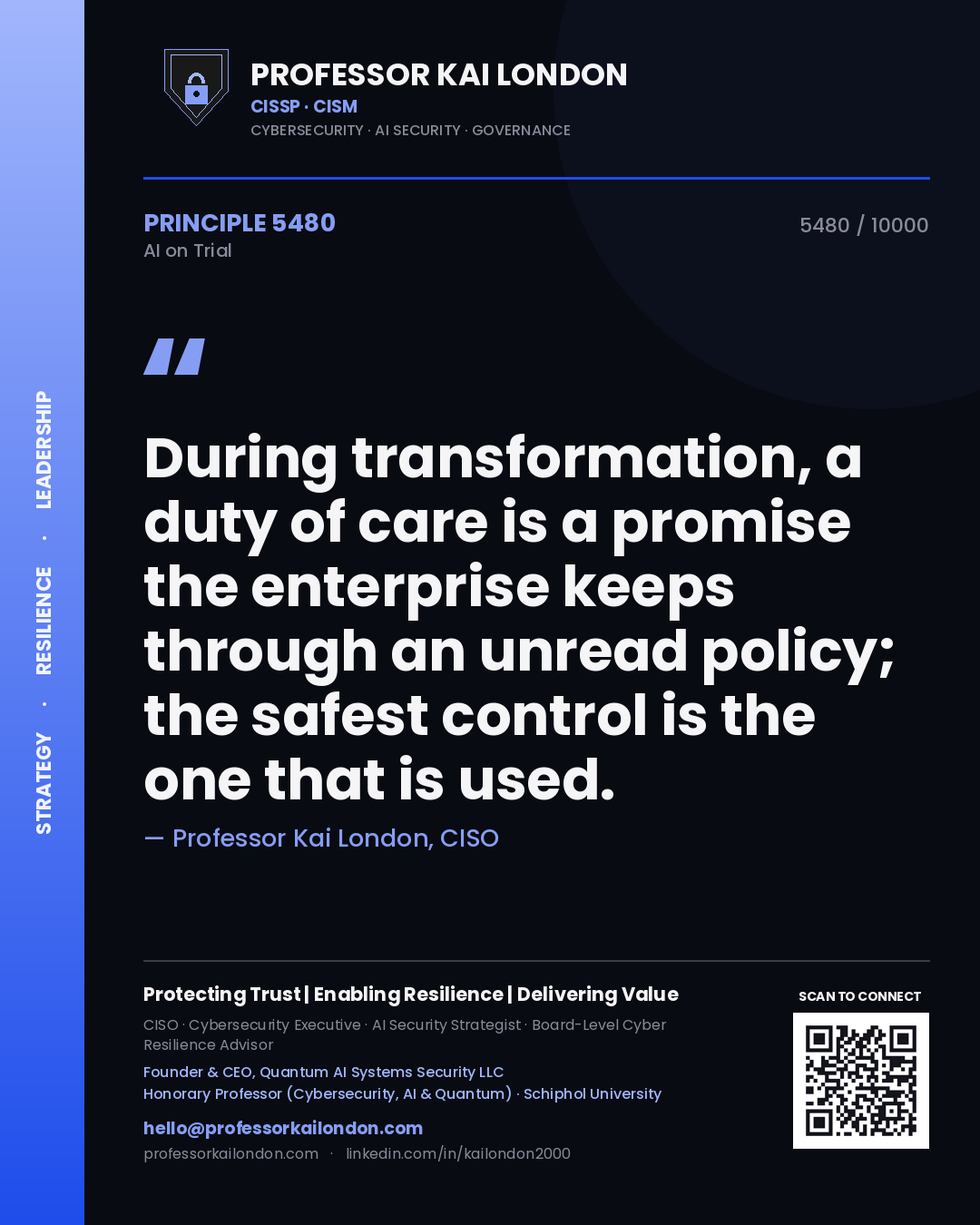 Professor Kai London principle 5480: During transformation, a duty of care is a promise the enterprise keeps through an unread policy; the safest control is the one that is used.