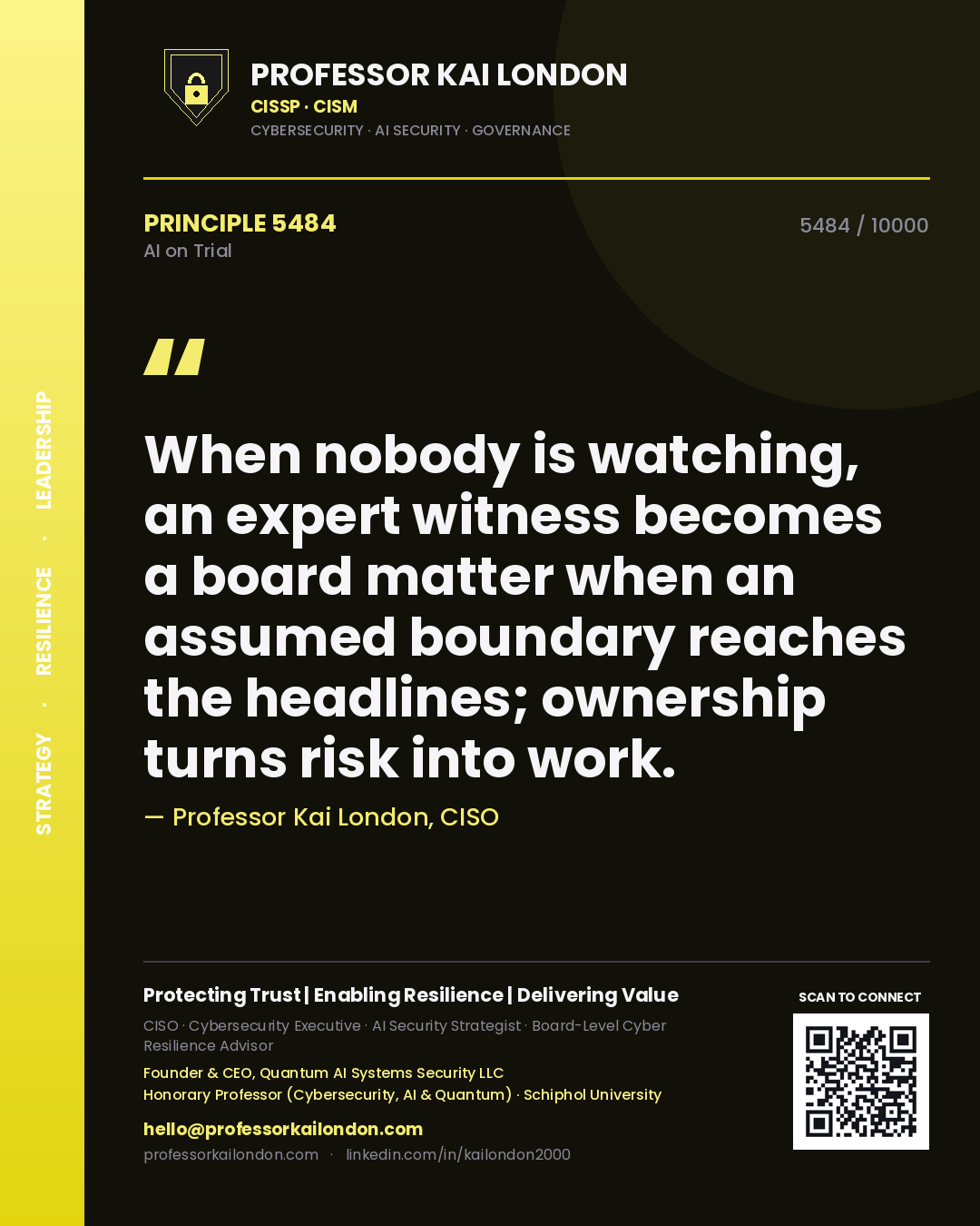 Quote card by Professor Kai London reading 'When nobody is watching, an expert witness becomes a board matter when an assumed boundary reaches the headlines; ownership turns risk into work.'. From the book AI on Trial.