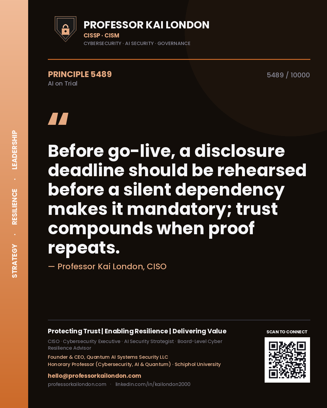 Professor Kai London principle 5489: Before go-live, a disclosure deadline should be rehearsed before a silent dependency makes it mandatory; trust compounds when proof repeats.
