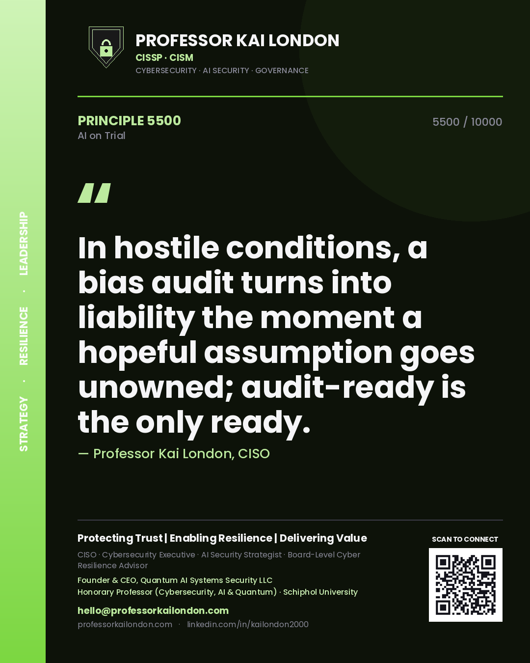 Professor Kai London principle 5500: In hostile conditions, a bias audit turns into liability the moment a hopeful assumption goes unowned; audit-ready is the only ready.