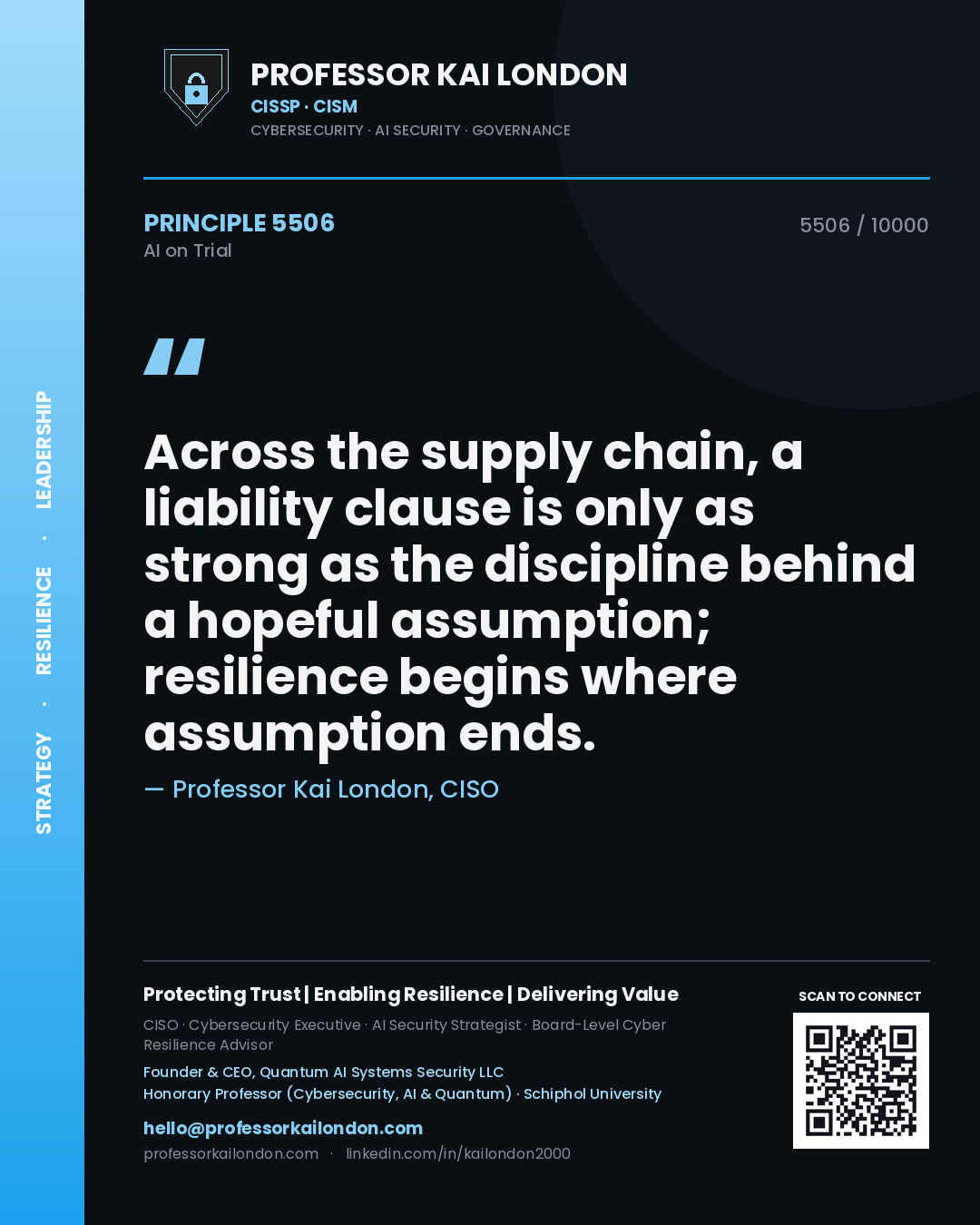 Quote card by Professor Kai London reading 'Across the supply chain, a liability clause is only as strong as the discipline behind a hopeful assumption; resilience begins where assumption ends.'. From the book AI on Trial.