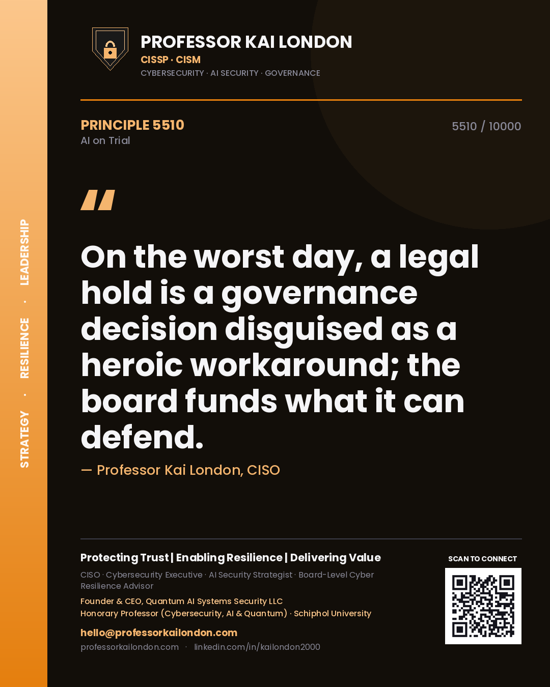 Quote card by Professor Kai London reading 'On the worst day, a legal hold is a governance decision disguised as a heroic workaround; the board funds what it can defend.'. From the book AI on Trial.