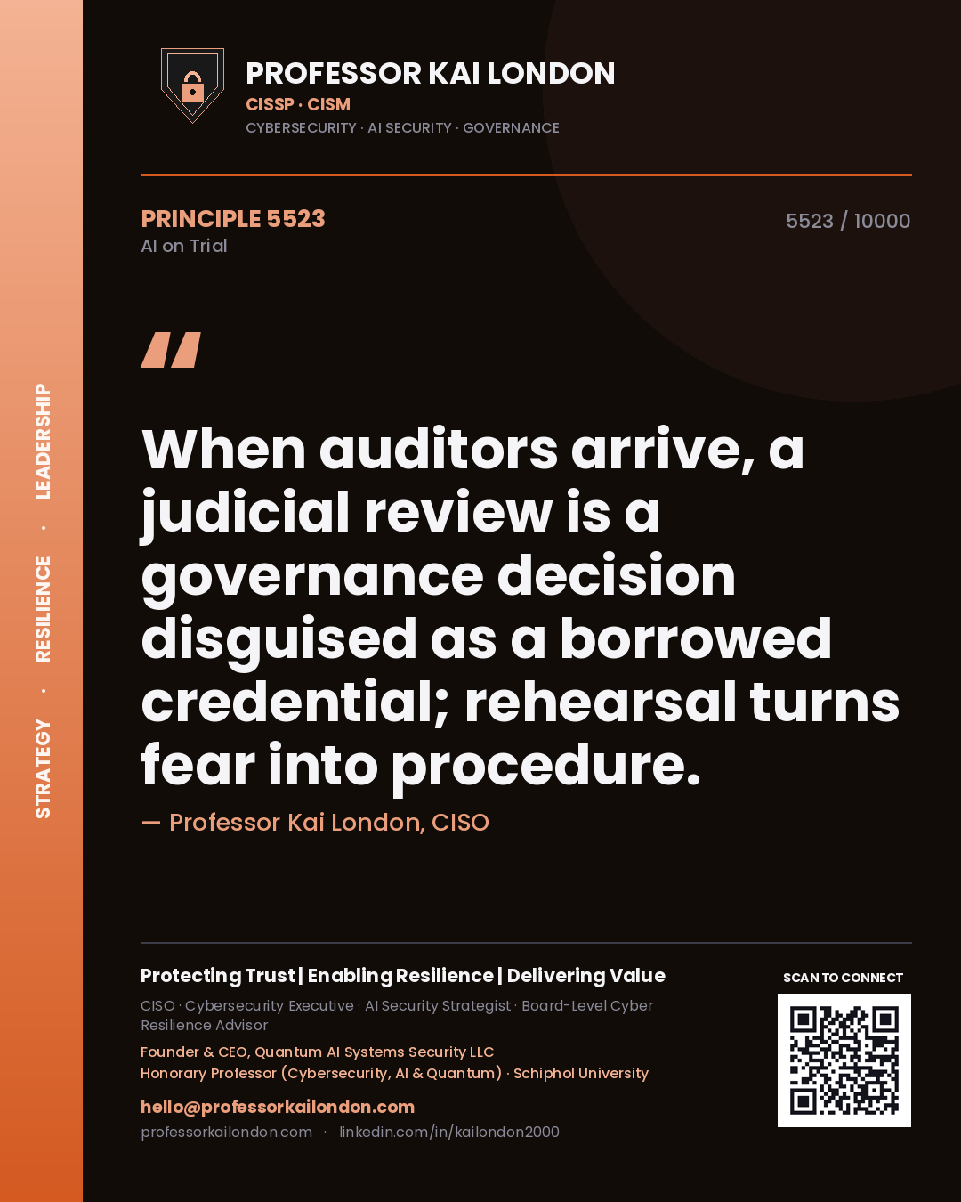 Professor Kai London principle 5523: When auditors arrive, a judicial review is a governance decision disguised as a borrowed credential; rehearsal turns fear into procedure.
