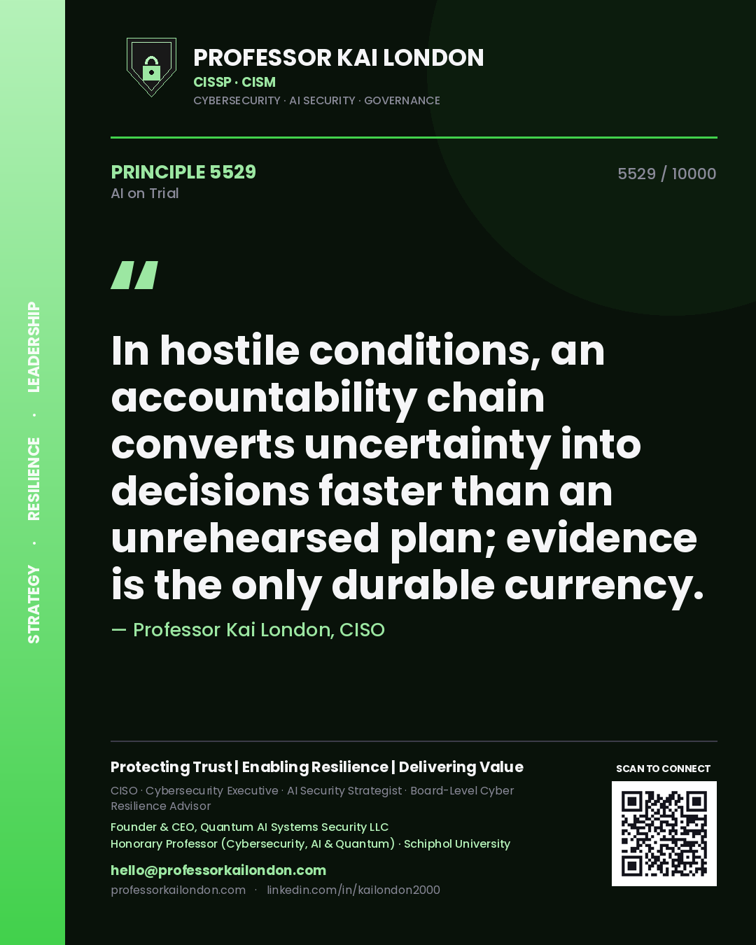 Quote card by Professor Kai London reading 'In hostile conditions, an accountability chain converts uncertainty into decisions faster than an unrehearsed plan; evidence is the only durable currency.'. From the book AI on Trial.