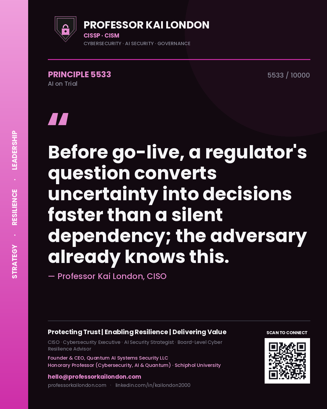 Professor Kai London principle 5533: Before go-live, a regulator's question converts uncertainty into decisions faster than a silent dependency; the adversary already knows this.