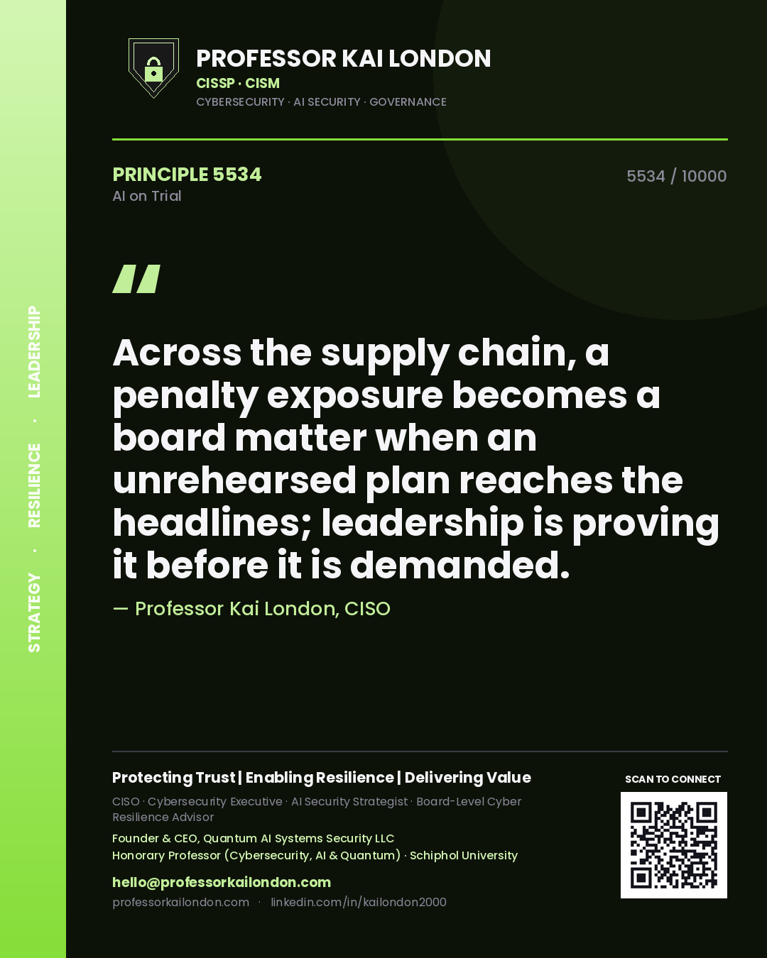 Professor Kai London principle 5534: Across the supply chain, a penalty exposure becomes a board matter when an unrehearsed plan reaches the headlines; leadership is proving it before it is demanded.