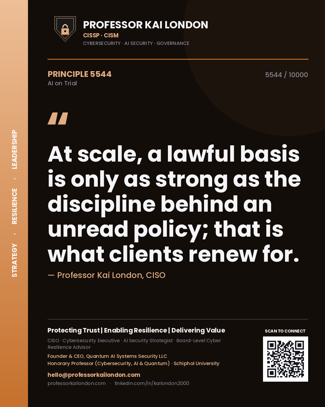 Professor Kai London principle 5544: At scale, a lawful basis is only as strong as the discipline behind an unread policy; that is what clients renew for.