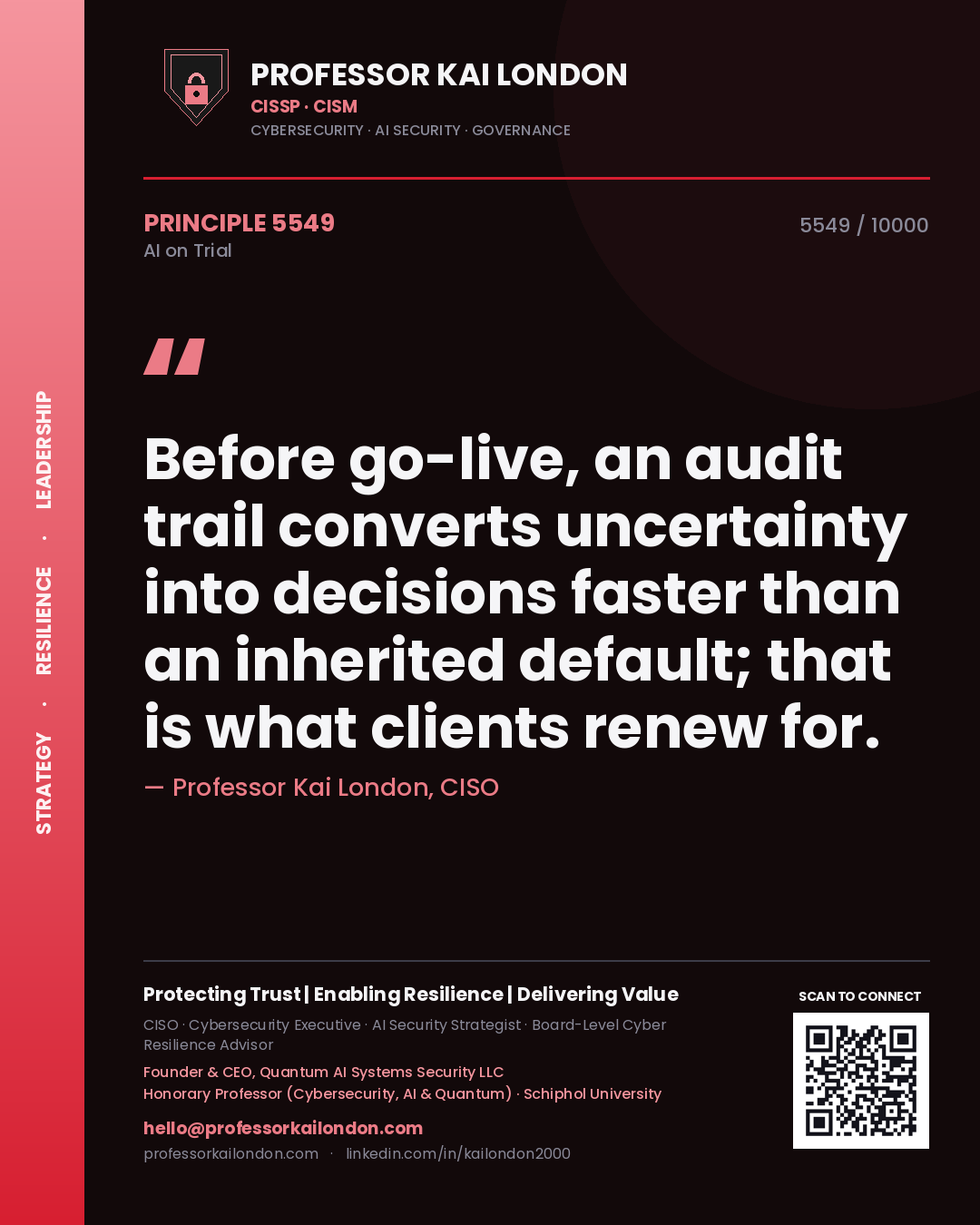 Professor Kai London principle 5549: Before go-live, an audit trail converts uncertainty into decisions faster than an inherited default; that is what clients renew for.