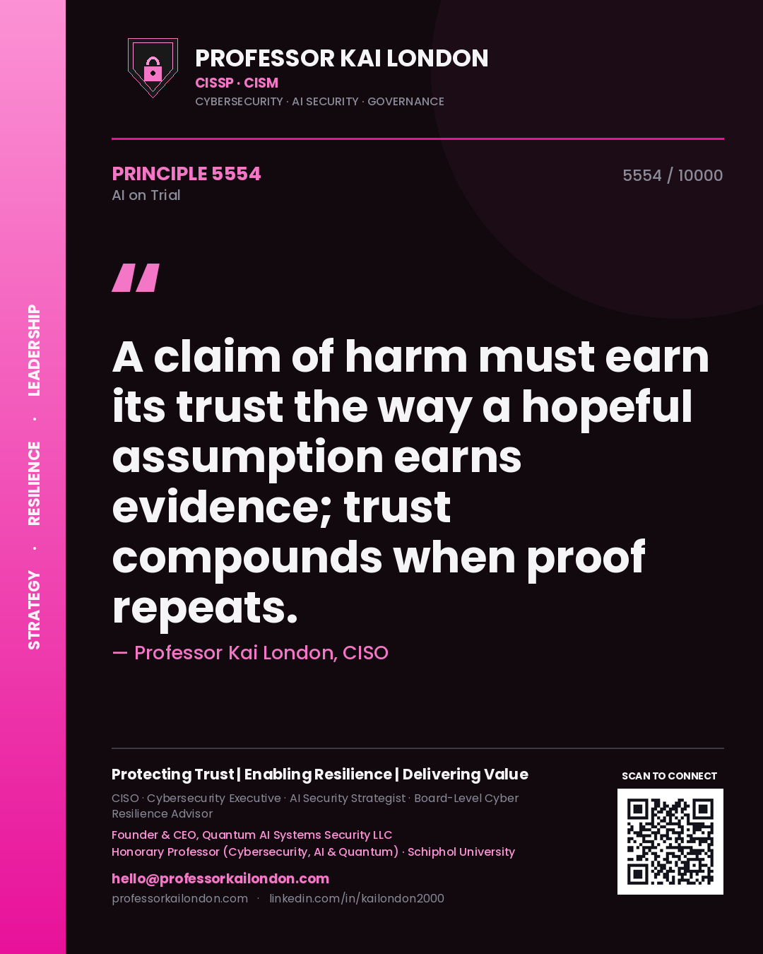 Quote card by Professor Kai London reading 'A claim of harm must earn its trust the way a hopeful assumption earns evidence; trust compounds when proof repeats.'. From the book AI on Trial.