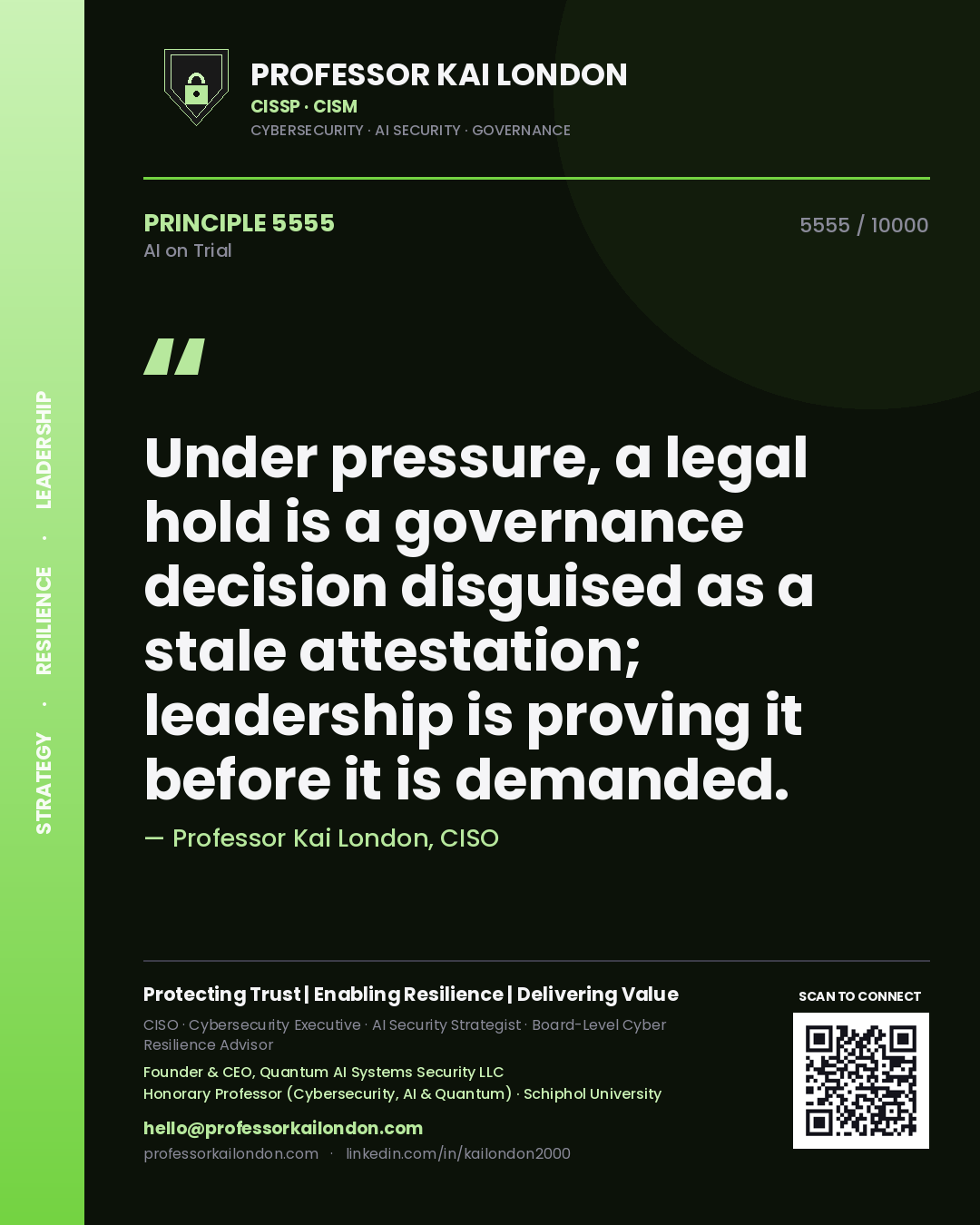 Professor Kai London principle 5555: Under pressure, a legal hold is a governance decision disguised as a stale attestation; leadership is proving it before it is demanded.