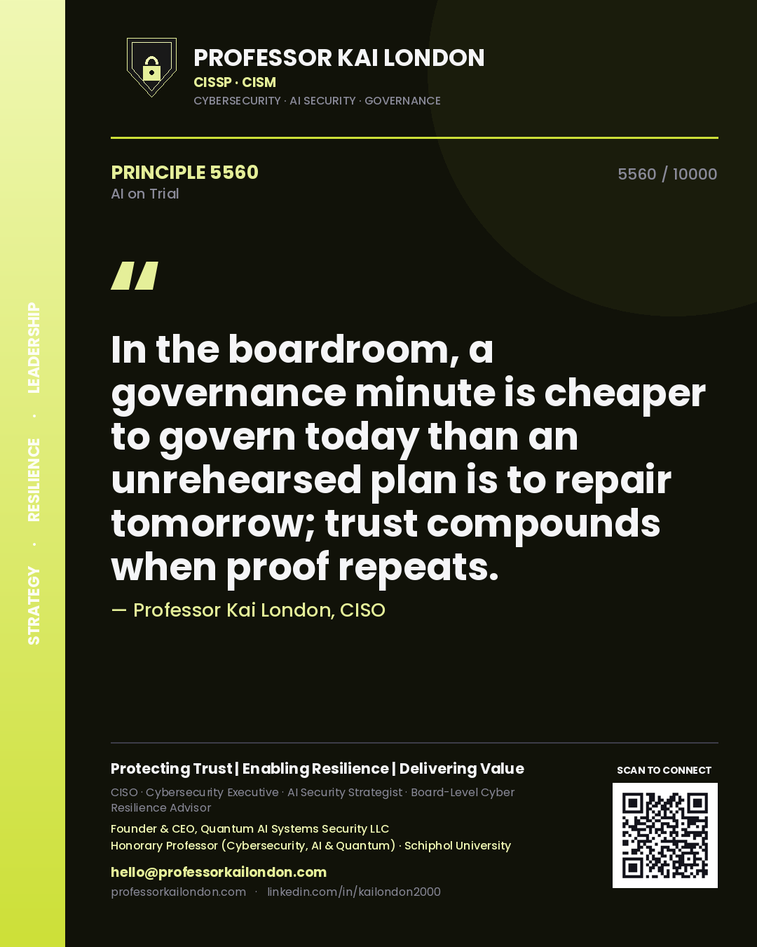 Professor Kai London principle 5560: In the boardroom, a governance minute is cheaper to govern today than an unrehearsed plan is to repair tomorrow; trust compounds when proof repeats.