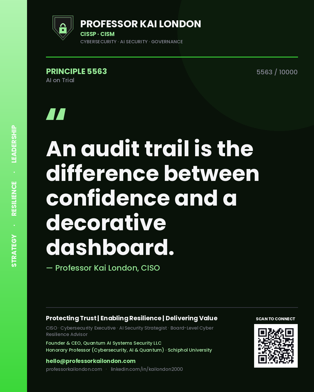 Professor Kai London principle 5563: An audit trail is the difference between confidence and a decorative dashboard.