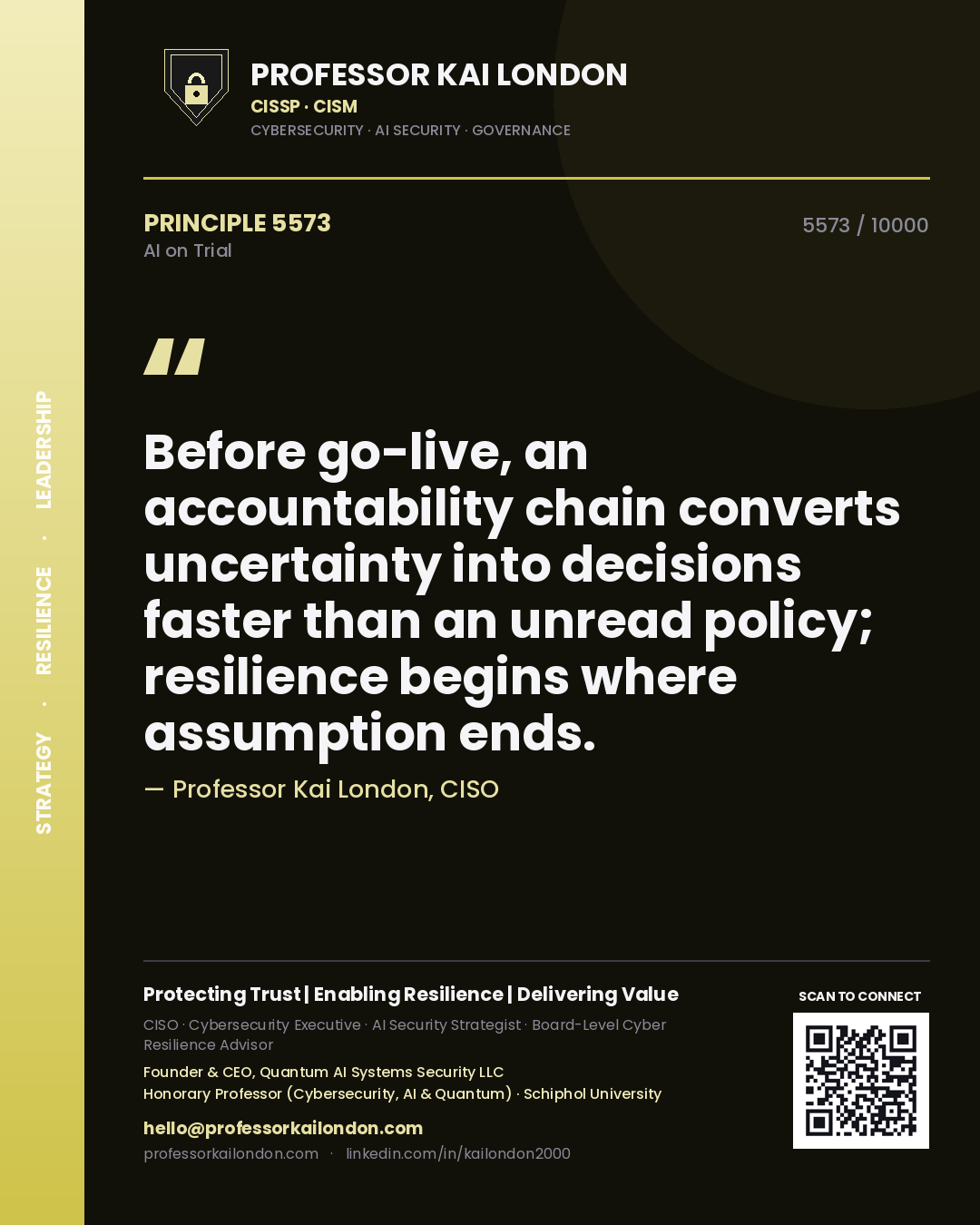 Professor Kai London principle 5573: Before go-live, an accountability chain converts uncertainty into decisions faster than an unread policy; resilience begins where assumption ends.